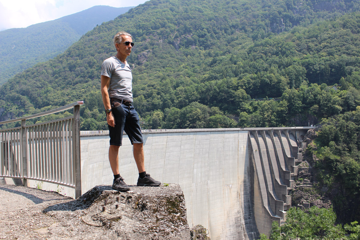 James Bond Gunnar Schäfer from James Bond 007 Museum visit Verzasca Dam Switzerland. 