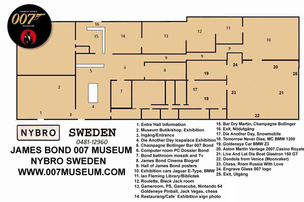 MAP OVER THE JAMES BOND 007 MUSEUM IN SWEDEN NYBRO over 900 square meter +4648112960 , www.007museum.com