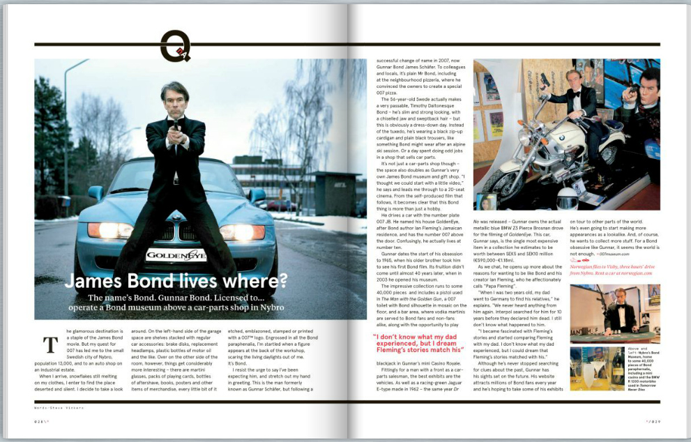 Norwegian’s inflight magazine april 2013 intevju with James Bond in his James Bond 007 Museum Sweden Nybro. Page 28-29